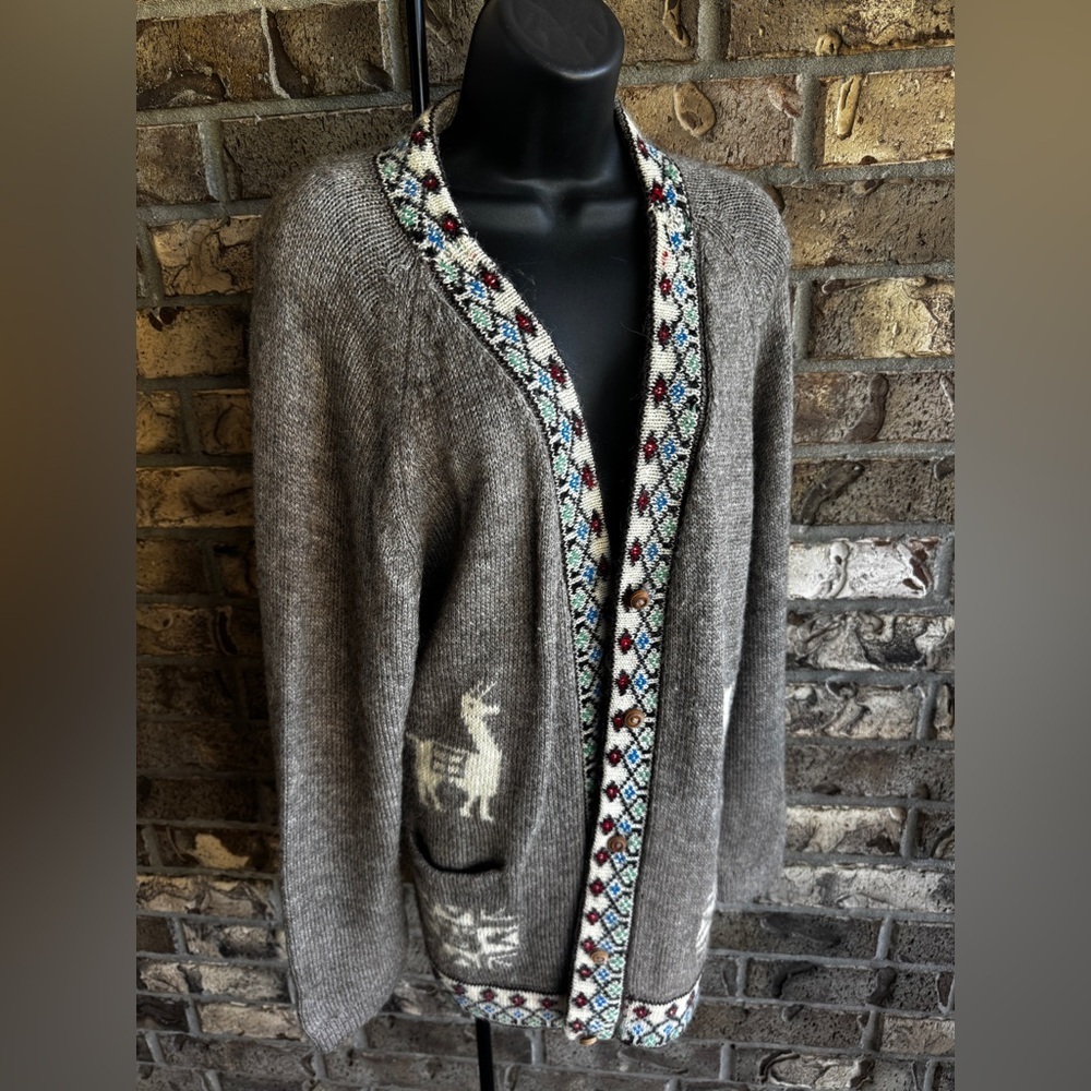 Vintage Alpaca Llama Cardigan Sweater Peruvian Aztec Boho Western Wool Blend M - Picture 4 of 12